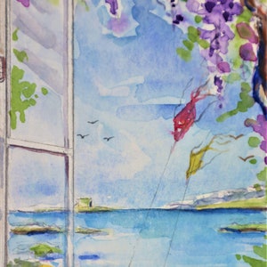 Acquerello originale Mare - Acquerello Sardegna Stintino - Piccolo Acquarello mare - Acquerello balcone mare di Sardegna - Idea Regalo