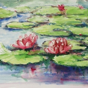 Acquerello Originale con Ninfee - Acquerello con fiori dipinto a mano - Dipinto Ninfee - Pittura fiori originale con ninfee - Regalo donna