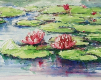 Water lilies Original Watercolor, Original painting Water lilies flowers, Italiy artwork