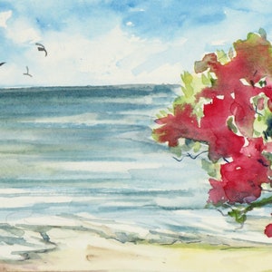 Acquerello mare originale - Dipinto mare e fiori - Acquerello mare e fiori - Piccolo acquarello mare - Acquerello  Regalo per lui