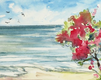 Watercolor sea and flowers Original, Gift for him, Seascape painting Italian art