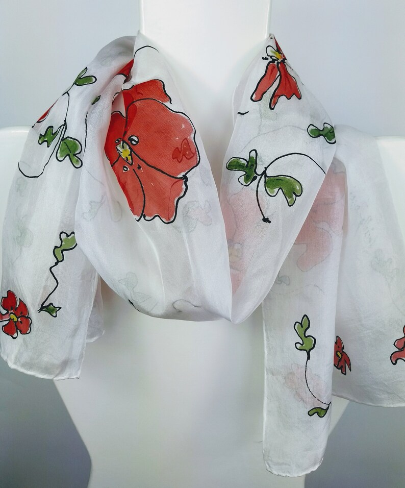 Red Flowers Poppies Gift for her friend Teacher/'s mother/'s..gift Scarf with poppies Rossovenezia Hand Painted Silk Scarf