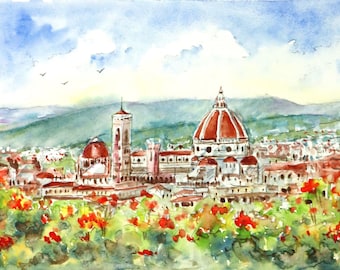 Acquerello Firenze - Acquerello Originale città Firenze in Toscana - Dipinto città italiana ad acquerello