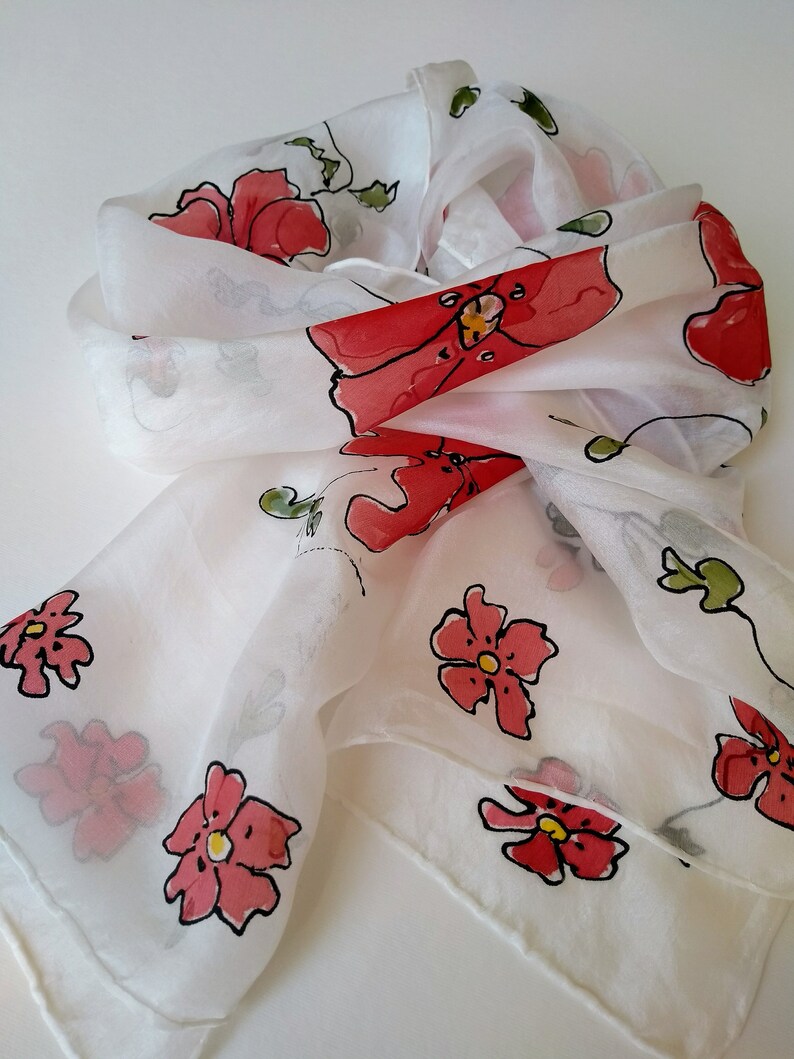 Red Flowers Poppies Gift for her friend Teacher/'s mother/'s..gift Scarf with poppies Rossovenezia Hand Painted Silk Scarf