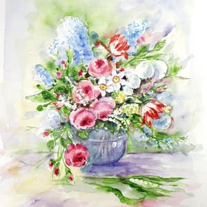 Acquerello Vaso fiori e rose - Originale acquerello fiori -Acquerello dipinto a mano - Dipinto originale fiori - Regalo mamma - Regalo donna