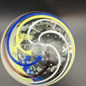 Pink Yellow and Blue Swirl Controlled Bubble Art Glass Paperweight
