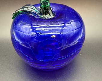 Cobalt Blue Crackle Glass Apple Paperweight