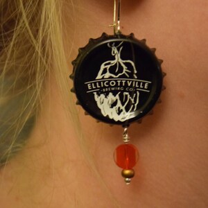 Ellicottville Beer Bottle Cap Earrings with Red Glass Bead FREE SHIPPING image 1