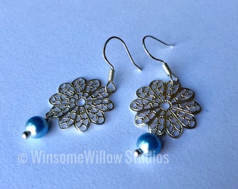 Silver Floral Earrings with Pale Blue Swarovski Pearl FREE SHIPPING