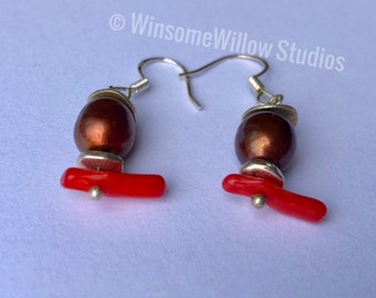 Coppertone Freshwater Pearl Silver Earrings with Authentic Red Coral FREE SHIPPING