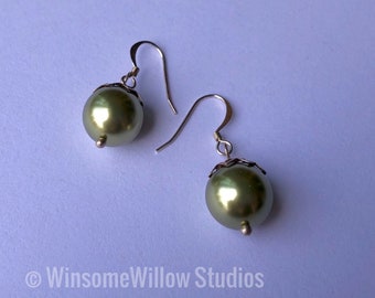 Moss Green Pearl Silver Drop Earrings with Filigree Accent FREE SHIPPING