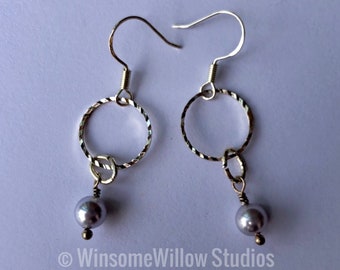 Textured Silver Hoop Earrings with Lilac Swarovski Pearl and Crystal Accent FREE SHIPPING