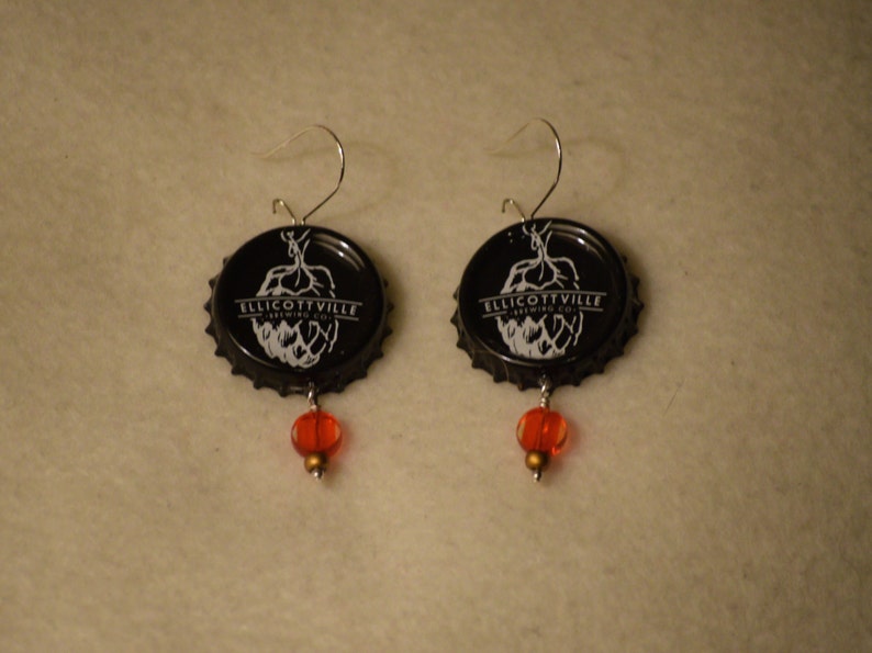 Ellicottville Beer Bottle Cap Earrings with Red Glass Bead FREE SHIPPING image 3