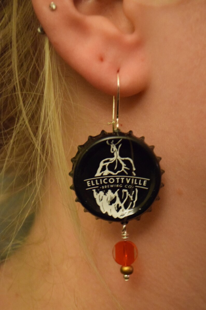 Ellicottville Beer Bottle Cap Earrings with Red Glass Bead FREE SHIPPING image 1