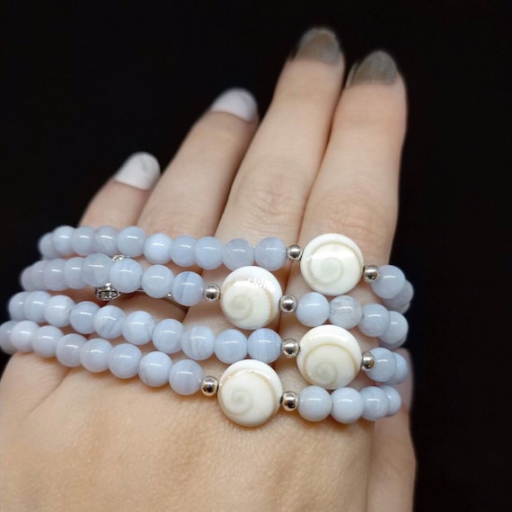 She's The Sea Stretch Bracelet / 5mm Blue Lace Agate, 10mm Shiva Shell, and 3mm Sterling Silver Beads