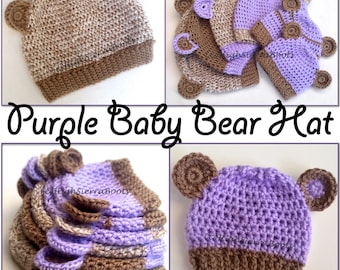 Crochet Hat Pattern Bear Baby Purple Beanie Photo Prop