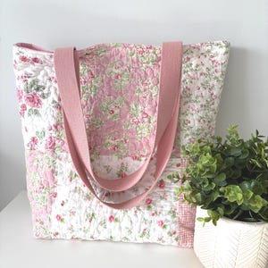 Pink Floral Patchwork Quilted Cotton Tote Bag