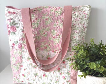 Pink Floral Patchwork Quilted Cotton Tote Bag
