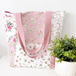 Pink Floral Patchwork Quilted Cotton Tote Bag