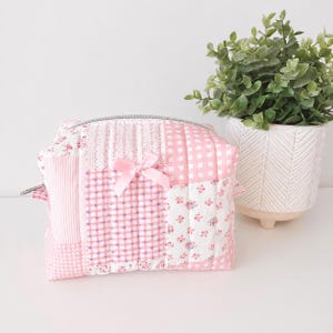 Soft Quilted Peach Pink patchwork Makeup Bag with water-resistant lining - Square Boxy Cosmetic Case
