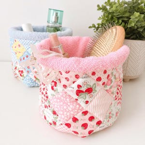 Strawberry Patchwork Quilted Makeup Organizer – Handmade Cotton Vanity puff bucket