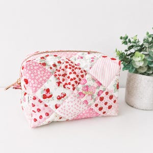 Soft Quilted strawberry patchwork Makeup Bag with water-resistant lining - Square Boxy Cosmetic Case