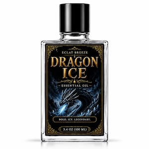 May include: A clear glass bottle with a black cap, featuring a label with the text "ECLAT BREEZE DRAGON ICE ESSENTIAL OIL." The label has a dragon illustration and reads "BOLD. ICY. LEGENDARY." The bottle contains 3.4 oz (100 mL) of essential oil.