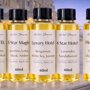 Op de afbeelding: Vijf glazen flessen Eclat Breeze geuroliën. Elke fles heeft een zwarte dop en een etiket met een andere geurnaam: My Hotel, 5 Star Magic, Luxury Hotel, 4 Star Hotel en Hotel Lobby. Elke fles bevat 60 ml geurolie.