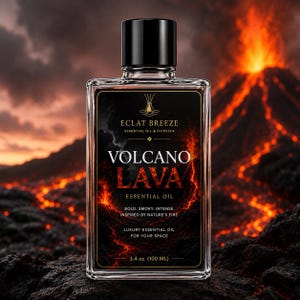 May include: A clear glass bottle of "Volcano Lava" essential oil with a black cap. The label reads "Eclat Breeze" and "Essential Oil & Diffuser." The background shows a fiery volcano. The bottle contains 3.4 oz (100 mL) of oil.