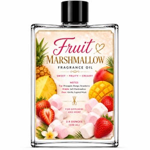 May include: A rectangular glass bottle of Fruit Marshmallow fragrance oil with a black cap. The label features illustrations of pineapple, mango, and strawberries alongside white marshmallows, with text stating 3.4 ounces (100 mL) and notes.