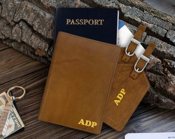 Personalized Leather Passport Wallet & 2 Luggage Tag Set: Monogrammed and RFID Blocking