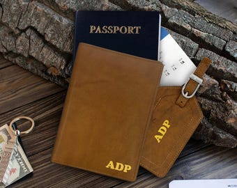 Personalized Leather Passport Wallet & Luggage Tag Set: Monogrammed and RFID Blocking