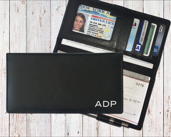 Personalized Leather Checkbook Cover: RFID Blocking with Credit Card Slots