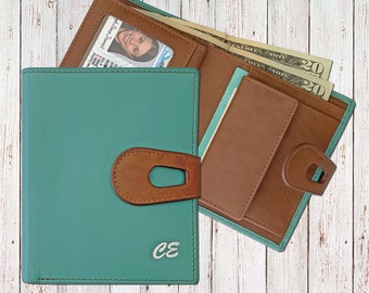 Personalized Genuine Leather Womens Small Wallet, RFID Blocking, Slim, With Credit Card Holders, Coin Pocket, ID Window, Snap Closure