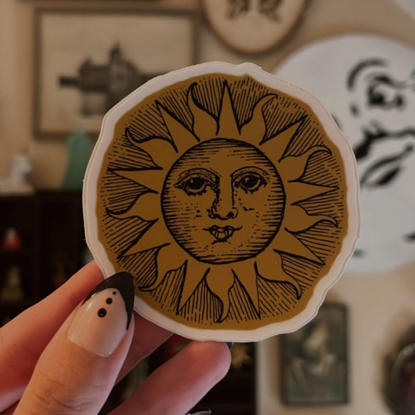 Whimsigoth Celestial Sun Vinyl Sticker | Vintage Sun Face Art | Leo Astrology Decal
