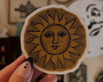 Whimsigoth Celestial Sun Vinyl Sticker | Vintage Sun Face Art | Leo Astrology Decal