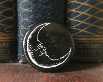 Vintage Celestial Moon Pin: Ink Drawing Pinback Button (1.25")