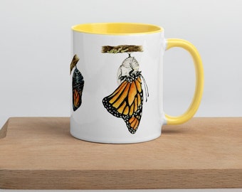 Taza amarilla "Ciclo de vida de la mariposa monarca": Taza de té estilo cottagecore