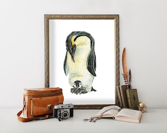 Stampa d'arte dell'acquerello del pinguino / Pinguino imperatore pittura / Baby Animal Nursery Decor / Penguin Wall Decor / Baby Room Painting