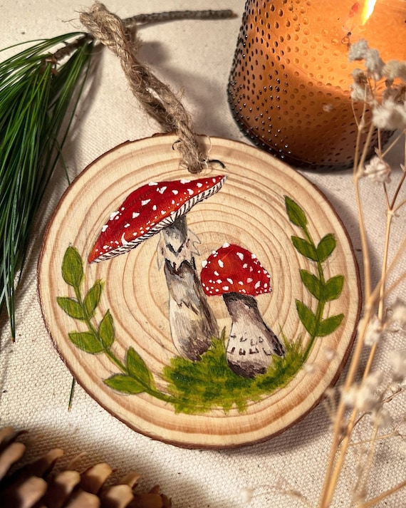 Mushroom Cottagecore Hand Painted Wood Slice Ornament, Fly Agaric Wall Hanging, Woodland Fungi Painting, Wooden Handpainted Nature Car Charm