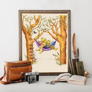 Frosch und Kröte Aquarell Kunstdruck | Skurrile Buch-Liebhaber-Wand-Dekor | Gemütliche Lese Illustration | Von der Natur inspiriertes Cottagecore Kunstwerk