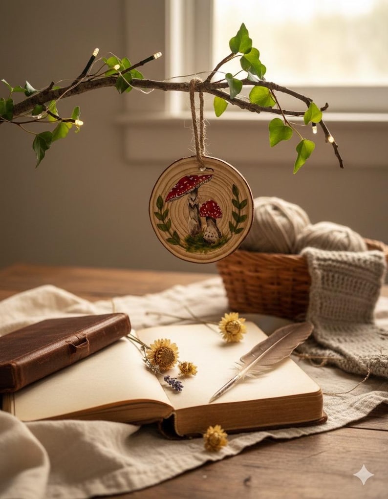 May include: A wooden ornament with a mushroom design hangs from a branch with ivy and fairy lights. An open book, dried flowers, and a feather quill rest on a linen cloth. A basket with yarn and a knitted item are in the background.