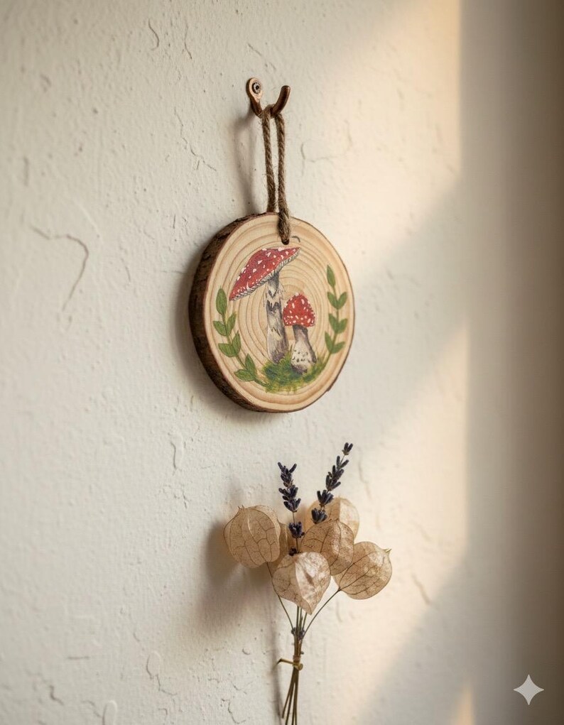 May include: A round wooden wall hanging featuring a hand-painted mushroom design. The mushrooms have red and white caps, surrounded by green leaves. The wood slice is suspended by a brown rope. A small bouquet of dried flowers is below.