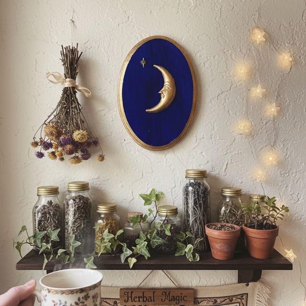 Whimsigoth Celestial Crescent Moon Frame  Wall Hanging, Man in the Moon Vintage 90’s Art, Astrology Whimsical Decor, Mystical Artwork