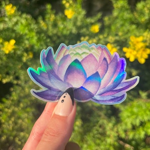 Sticker holographique fleur de lotus, sticker fleur bouddhiste violet, sticker floral, cadeau bouddha