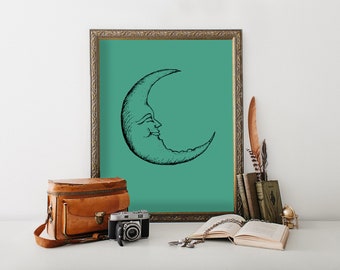 Grillige hemelse maan Art Print | Muurdecoratie maangezicht | Poster met kankerastrologie |