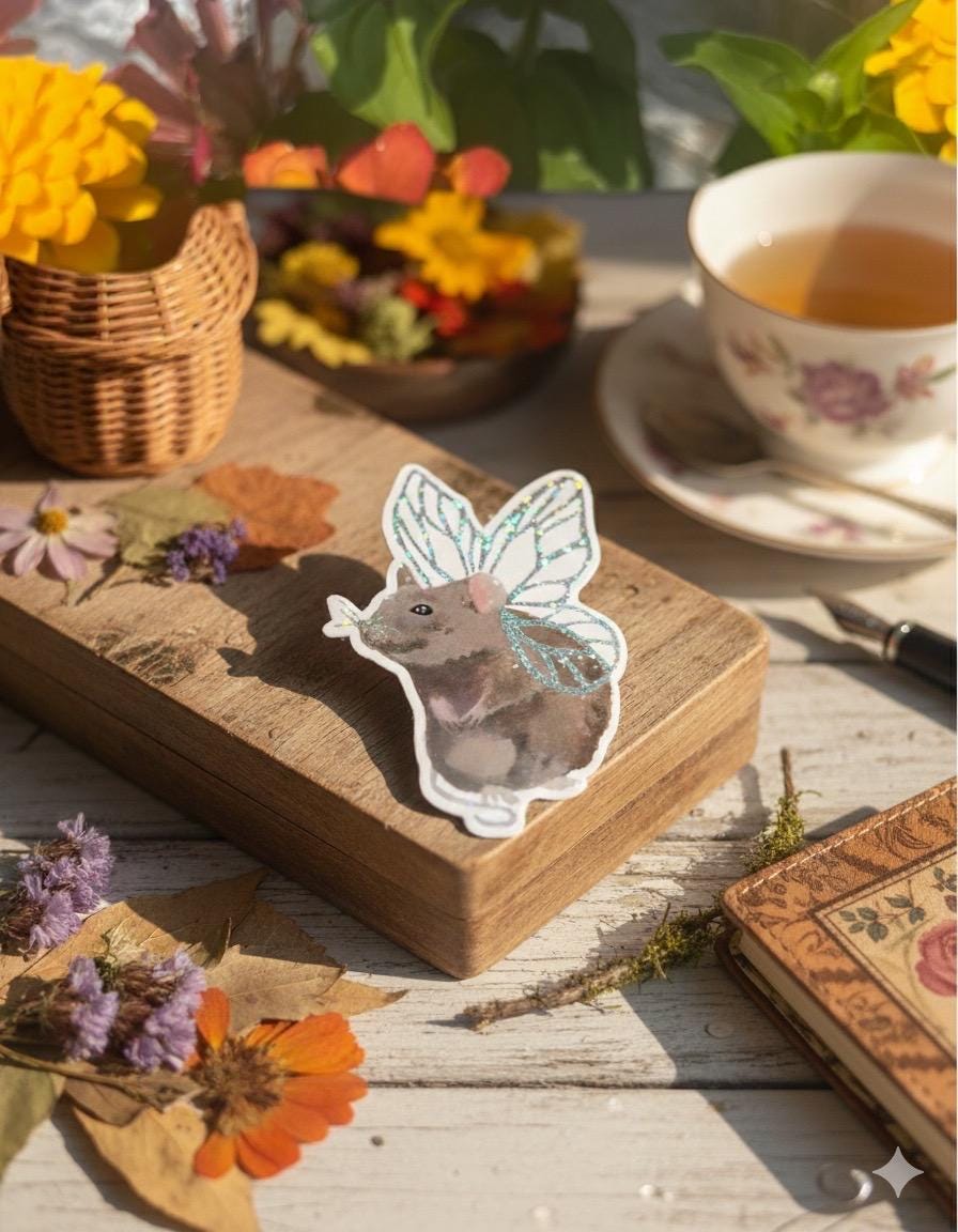 Cottagecore Fairy Mouse Sticker, Butterfly Rat Decal, Whimsical ...