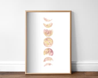 Pink Moon Phases Celestial Watercolor Art Print, Lunar Space Painting Poster,Astronomy Moon Phase Print, Aesthetic Room Decor,