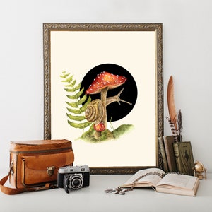 Snail Art Print, Garden Snail on Mushroom Painting, Cottagecore Nature Decor, Gardener Poster