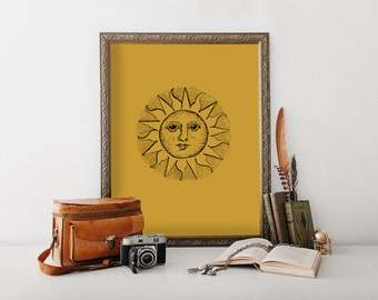 Whimsigoth Celestial Sun Art Print | Leo Astrology Poster | Vintage Sun Face Art